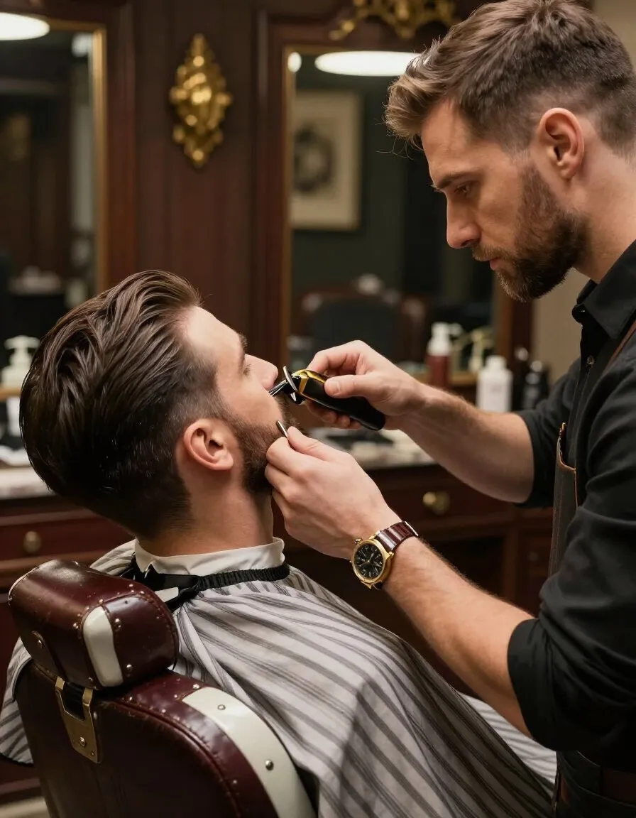 Slicked pompadour style in barber chair